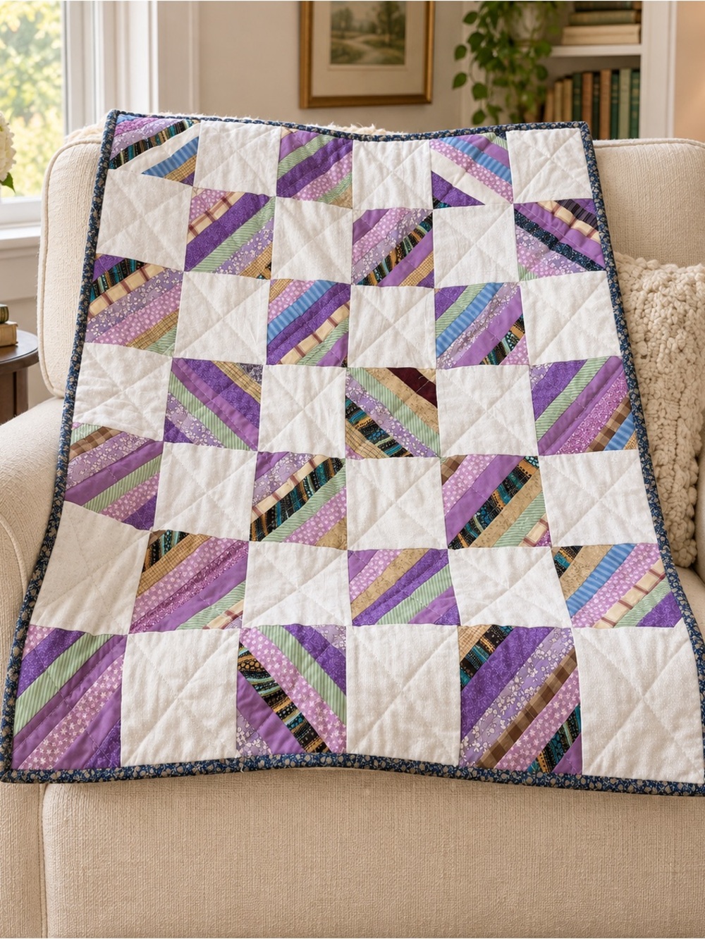 Handmade Patchwork String Quilt Purple White Lap Wall Hanging 37.5 x 32